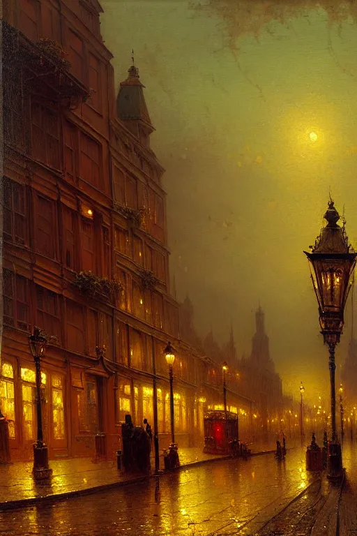 Image similar to detailed painting of a victorian living capsule architecture, autumn dusk, street lights, filigree ornaments, andreas achenbach