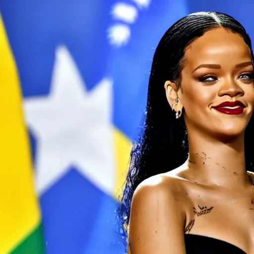 Prompt: Rihanna as president of Brazil, Brazilian flags behind her, she is delivering a speech, Brazilian election rally, super detailed, hd
