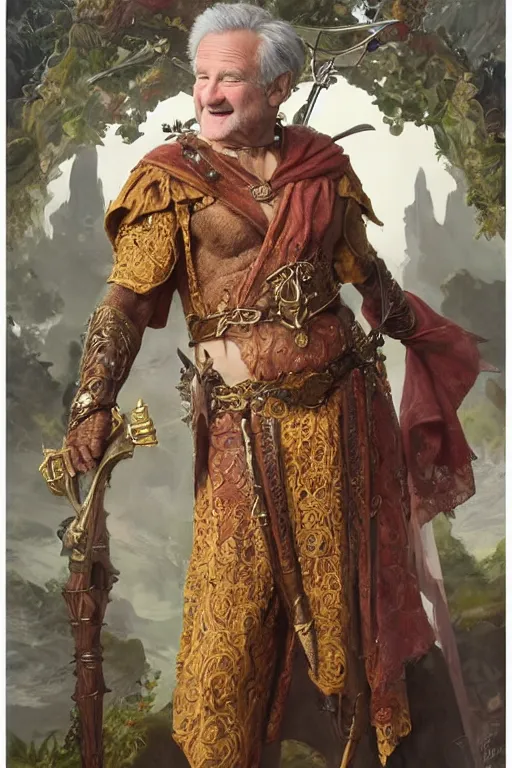 Prompt: an ultradetailed full body portrait of robin williams dressed as sheogorath, d & d, fantasy, intricate, elegant, highly detailed, digital painting, matte, sharp focus, illustration, art by john collier and albert aublet and krenz cushart and artem demura and alphonse mucha