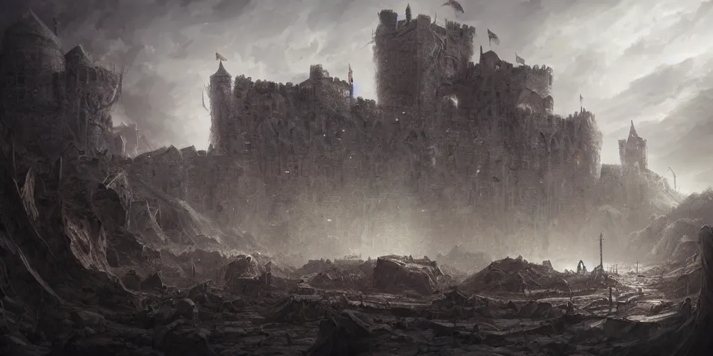 Image similar to a giant castle crumbling into dust, concept art, digital illustration, trending on artstation, deviantart, artgerm, epic composition, masterpiece, highly detailed, advanced technique, ambient lighting, wlop, ross draws