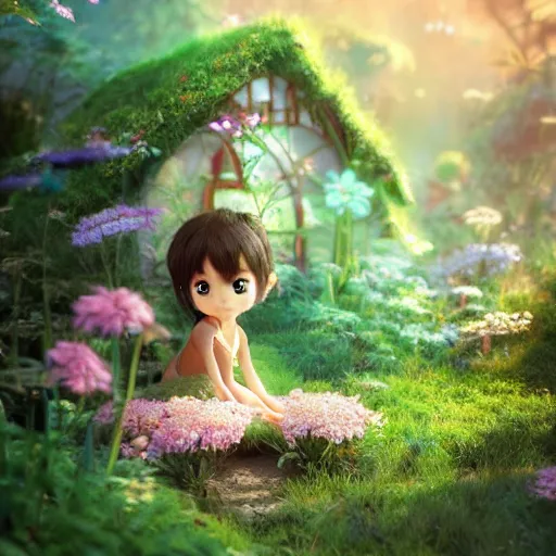 Image similar to a tiny cute fairy in a flower house, beautiful face, large eyes, cute, adorable, volumetric light, octane render, studio ghibli, trending on artstation