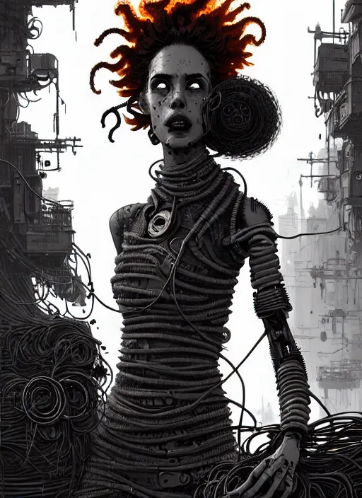 Image similar to highly detailed portrait of wasteland punk long curly fire hair tribal lady, stray wiring by atey ghailan, james gilleard, by joe fenton, by greg rutkowski, by greg tocchini, by kaethe butcher, 4 k resolution, gradient red, orange, black and white color scheme!!! ( ( flaming robotic dystopian city spiral background ) )