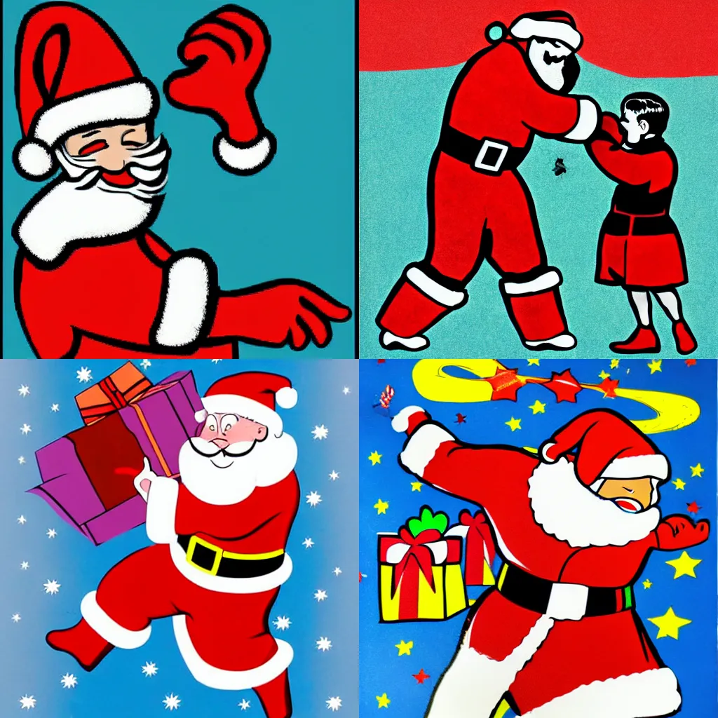 Prompt: Santa punches a child, pop art style