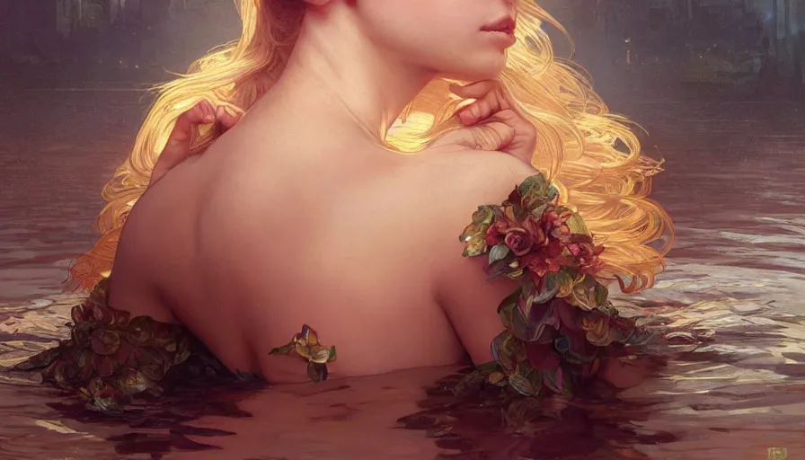 Image similar to jealousy, perfectly-centered-Portrait of the most beautiful woman on the planet floating in the river, intricate, highly detailed, digital painting, artstation, concept art, smooth, sharp focus, illustration, Unreal Engine 5, 8K, art by artgerm and greg rutkowski and alphonse mucha