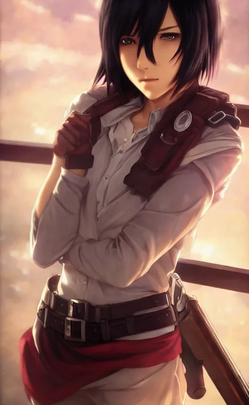 Image similar to mikasa ackerman, hero pose, medium shot, bokeh, beautiful face!!!!, 2 7 years old, cg animation, lifelike, animated, realistic, character select portrait, by artgerm, greg rutkowski, alphonse mucha, 3 d