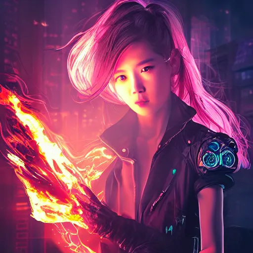 Image similar to a girl like yoona, casting fire spell, background cyberpunk city, full shot, photo, geometries, fibonacci volumetric lighting, epic composition, intricate details, dark neon punk, by KDA