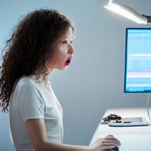 Image similar to angry woman looking at monitor typing on keyboard photo dramatic lighting from behind