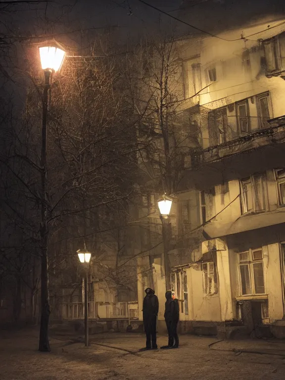 Image similar to film still of russian suburbs, lights are on in the windows, deep night, post - soviet courtyard, cozy atmosphere, light fog, street lamps with orange light, several birches nearby, several elderly people stand at the entrance to the building