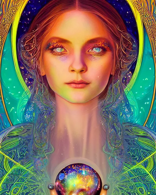 Image similar to portrait of an ethereal gypsy woman with detailed eyes, crystal ball, glowing face, in space with a half moon, photorealistic, colorful dress, in the style of ilya kuvshinov, donato giancola, holographic undertones, art nouveau zodiac galaxy background, intricate, flowing dress, smooth, sharp focus, dramatic lighting, illustration, hdr, artgerm