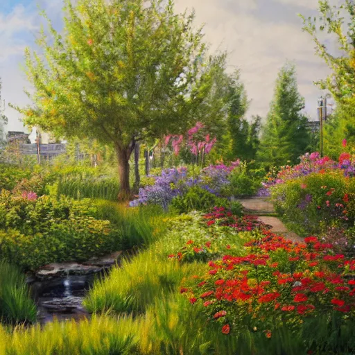 Image similar to mcgovern centennial gardens, oil on canvas, intricate, landscape, 8 k highly professionally detailed, hdr, cgsociety