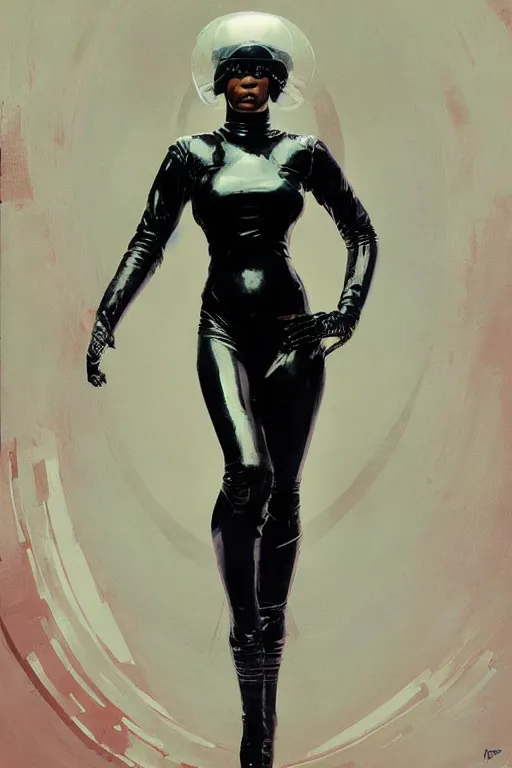 Image similar to pulp scifi fantasy illustration full body portrait of elegant black woman wearing latex spacesuit, by norman rockwell, jack kirby, bergey, craig mullins, ruan jia, jeremy mann, tom lovell, 5 0 s, astounding stories, fantasy