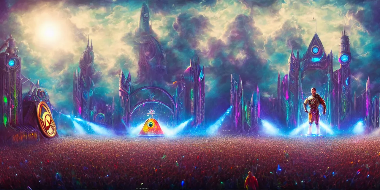 Image similar to tomorrowland, hyper - realistic illustration of a knight, in a sci - fi music festival, digital painting, sharp focus