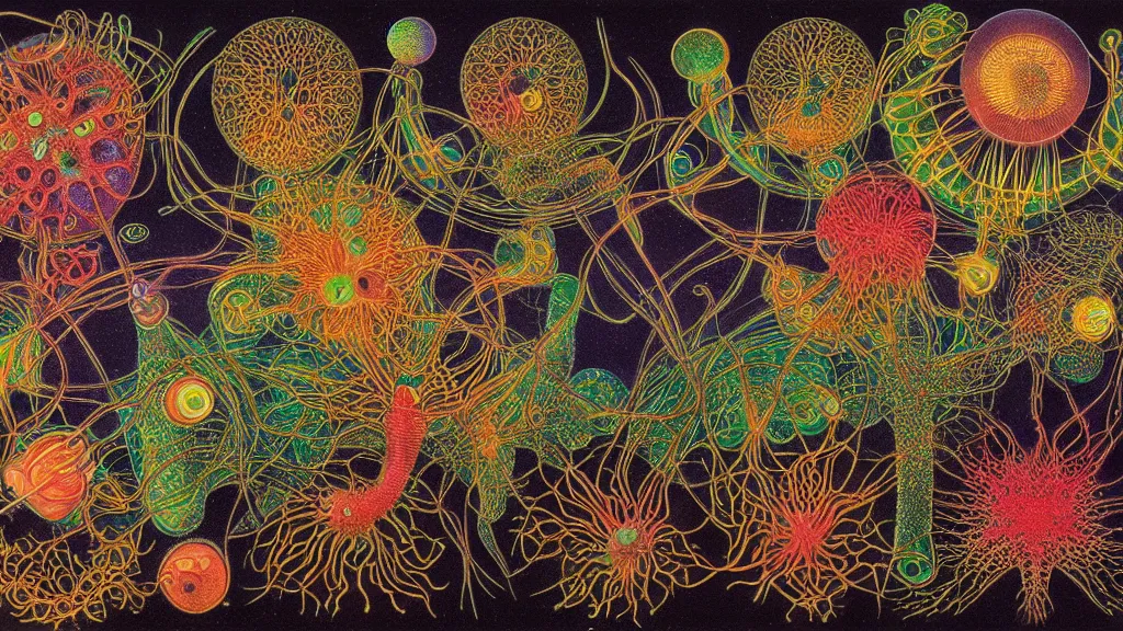 Image similar to quantum connections represented as symbiotic organisms like cells playing around with colorful lights by ernst haeckel