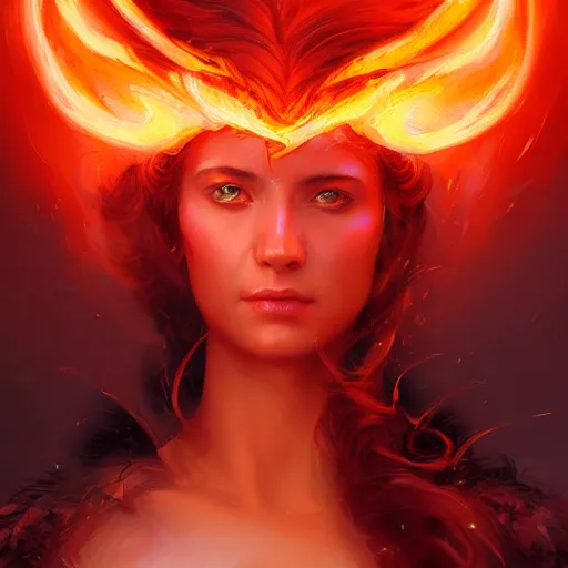 Image similar to a beautiful portrait of a fire goddess, flaming background, a detailed painting by greg rutkowski and raymond swanland, featured on cgsociety, fantasy art, detailed painting, artstation hd, photorealistic