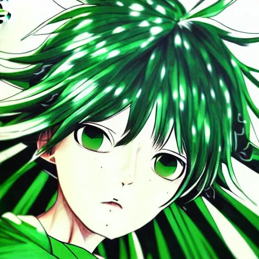 Prompt: portrait art of tatsumaki from one punch man, art by kuvshinov ilya, intricate, sharp focus, very detailed, warm colors, vibrant colors, detailed face, tatsumaki with green curly hair