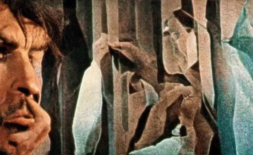 Prompt: scene from cosmologica ( 1 9 6 9 ), a movie by luchino visconti showing a man leaving the medieval cosmo to enter the new modern universe. cinematic, technicolor, direct lighting, highly detailed, highly intricate.