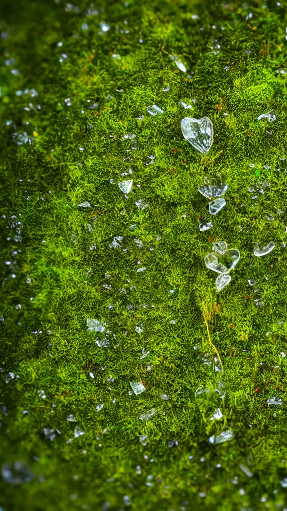 Prompt: macro photo of moss, a crystal heart is laying on the moss, light rays are coming through the leaves above, god rays, beautiful award winning macro photography, trending on artstation, serene secluded garden, isometric angle, 7 5 mm, f 3. 4