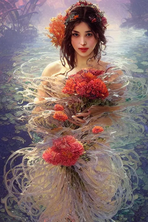 Prompt: portrait of a beautiful mysterious woman holding a bouquet of flowing flowers, hands hidden under the bouquet, submerged underwater filled with coral reef, fantasy, regal, intricate, by stanley artgerm lau, greg rutkowski, thomas kindkade, alphonse mucha, loish, norman rockwell