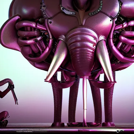 Image similar to a band of antropomorphic pink elephants playing steampunk musical instruments in a grindcore show, futuristic, cyberpunk, biomechanical, xenomorphic, photorealistic, ultra detailed, 4 k, chomatic aberration, dof 1 0 0 0. 0 0, volumetric fog, no - blur