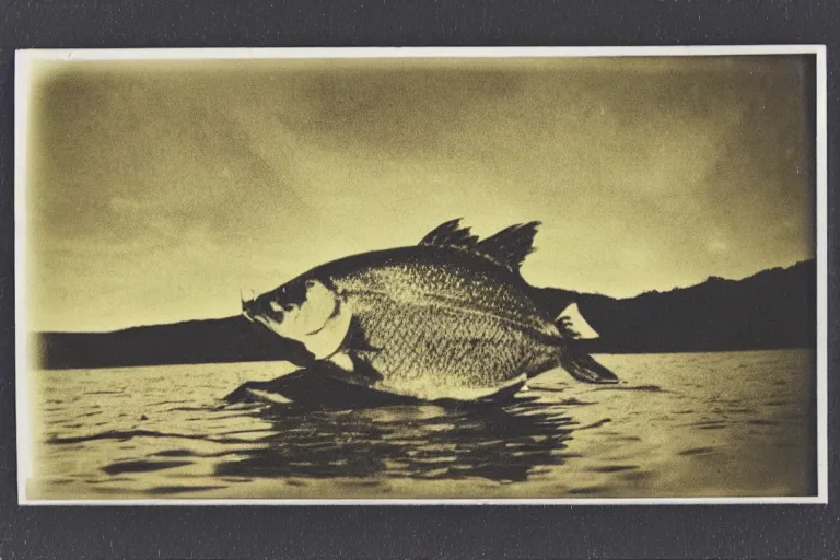 Image similar to old polaroid of a giant fish in the lake