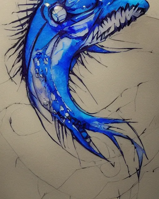 Prompt: Magic Blue Fish Man, drawn by Yoji Shinkawa, water color