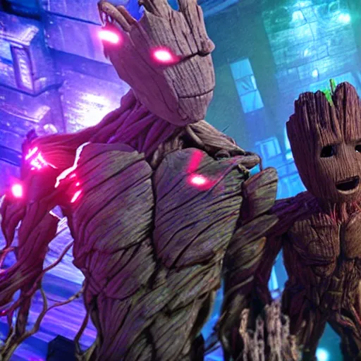 Image similar to groot and optimus prime in techno party among people dancing, wide shoot, after effect ultra realistic 3 d