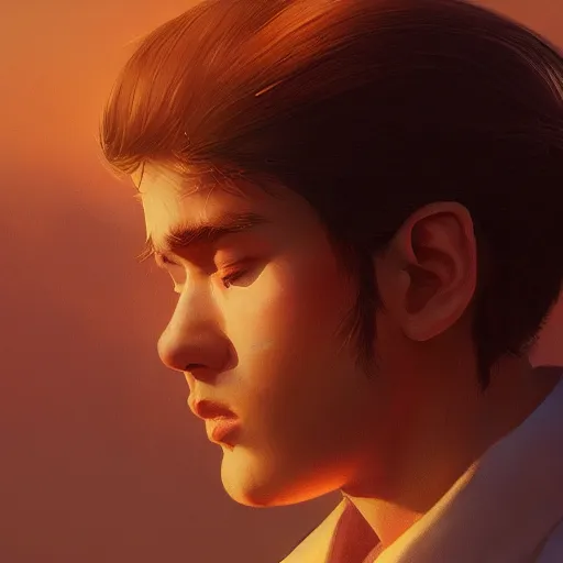 Image similar to Erwan portrait, golden hour, rim lighting, detailed matte painting, cinematic, Alan Lee, Artstation