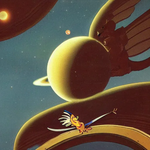 Image similar to a mouse with clockwork wings flying past Jupiter, Don Bluth