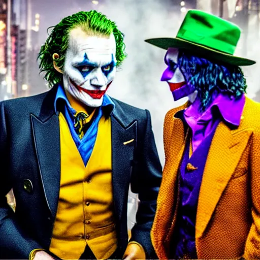 Image similar to A still of Johnny Depp talking with The Joker on a premiere, 4k, highly detailed, photograph, photoreal, professional lighting, promo shoot, award winning
