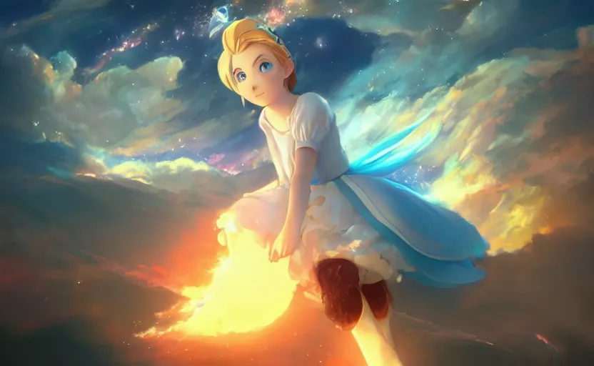 Image similar to Princess rosalina, anime painting, 3d render, hyper realistic, dramatic lighting, the sky is a nebula on fire, 8k hdr pixiv dslr photo by Makoto Shinkai ilya kuvshinov and Wojtek Fus, digital art, concept art,