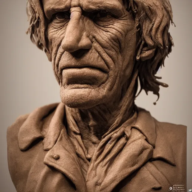 Prompt: photography of a bust of Keith Richards made of clay by Sebastian Kruger and Michelangelo, 50mm, studio atmosphere, 8K, rim light, octane render, ultra-realistic