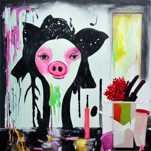 Image similar to “ a portrait in a female art student ’ s apartment, sensual, a pig theme, art supplies, paint tubes, ikebana, herbs, a candle dripping white wax, black walls, squashed berries, berry juice drips, acrylic and spray paint and oilstick on canvas, surrealism, neoexpressionism ”