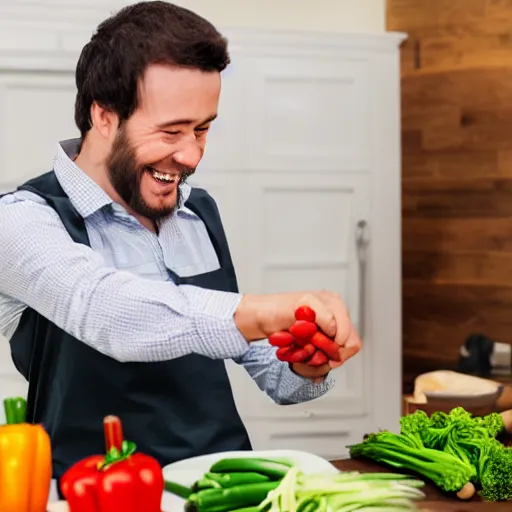 Image similar to husband chopping vegetables, wearing a collared shirt and dress pants with dress shoes, deranged smile, male android, malfunctioning, sparking, red glowing left eye