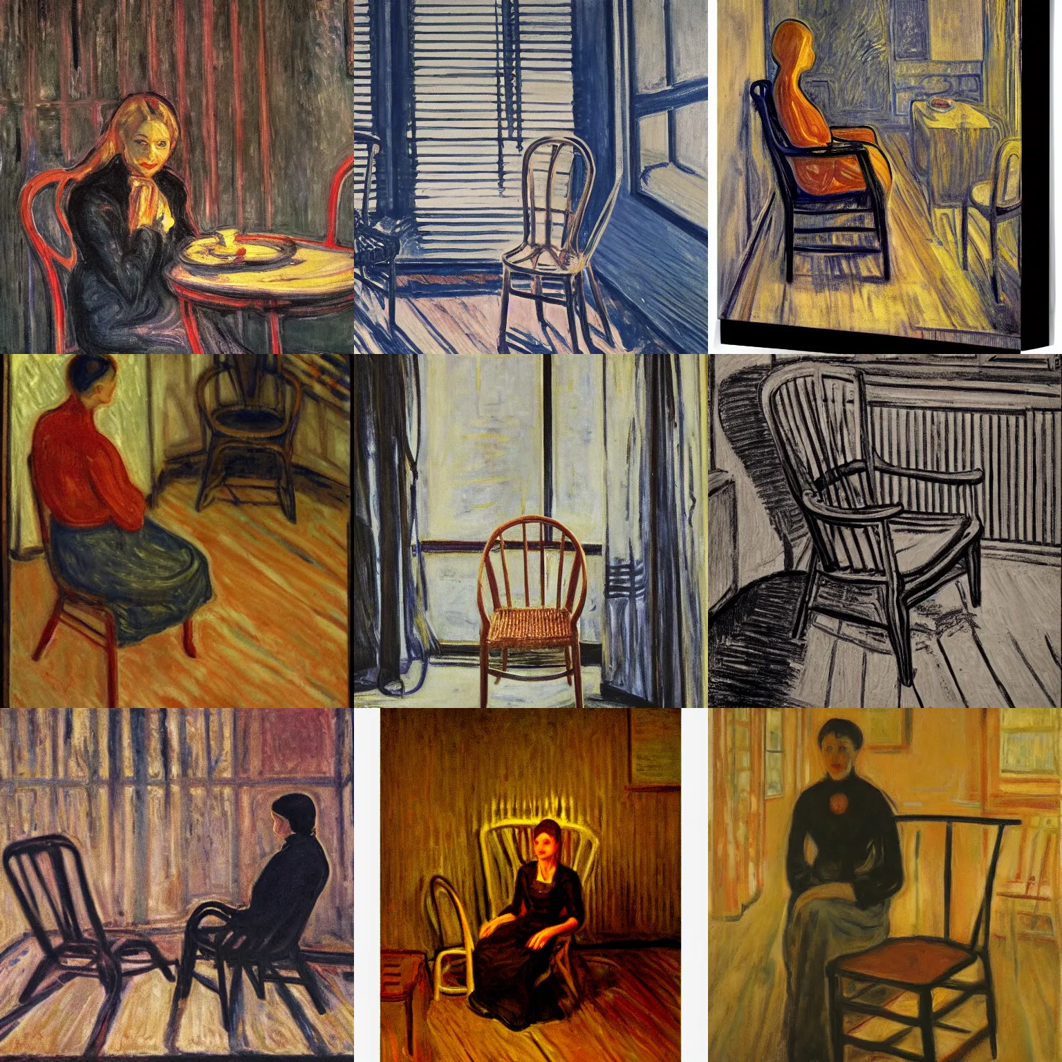 Prompt: Model by the Wicker Chair by Edvard Munch, cinematic lighting