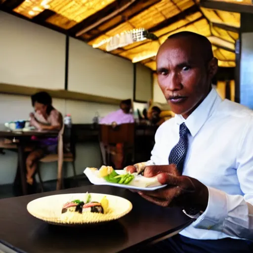 Image similar to photo, papua man in business suit eating sushi