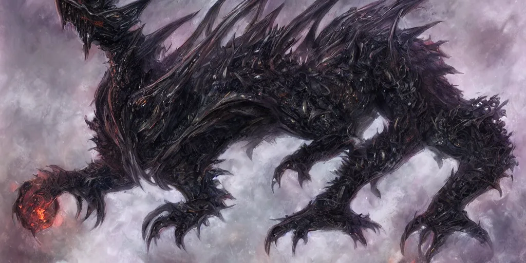 Prompt: Portrait of a terrible black dragon by Samwise Didier