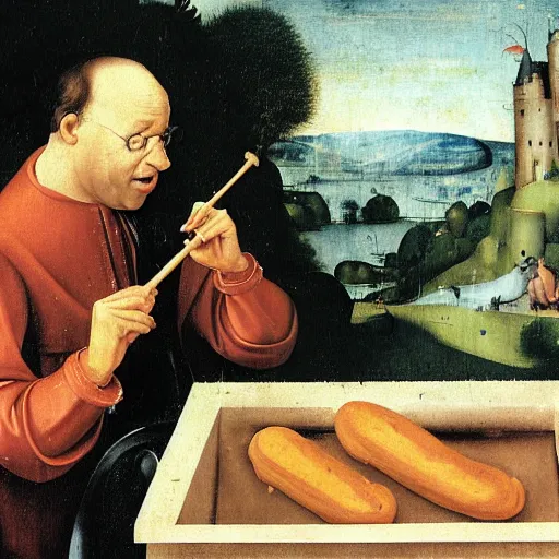 Prompt: George Costanza eating an eclair out of a trash can, by Hieronymous Bosch