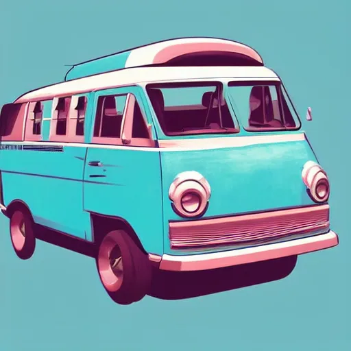 Image similar to retro painting illustration of a volswagen van, 2 d, pastel color, retro style art, trendy on artstation