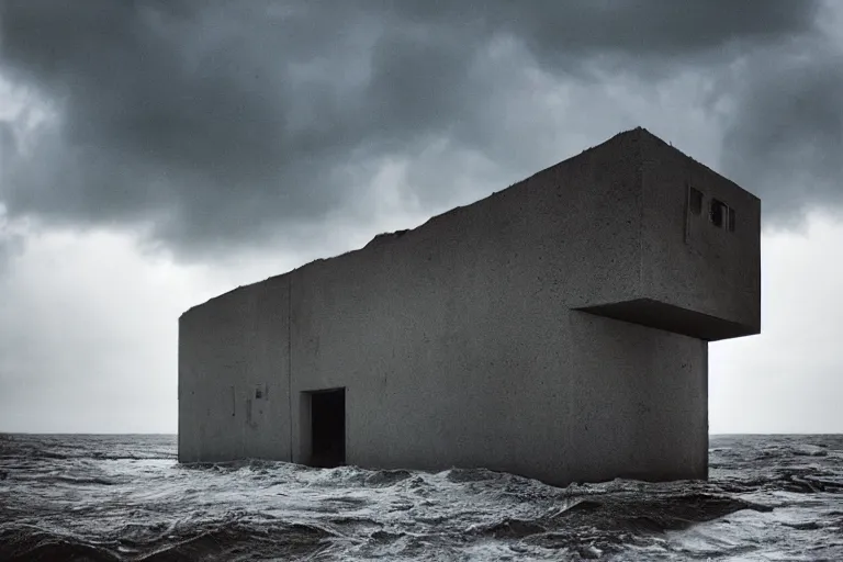 Prompt: danila tkachenko, low key lighting, an abandoned soviet building block in the middle of the ocean, storm, lighning storm, crashing waves, dramatic lighting