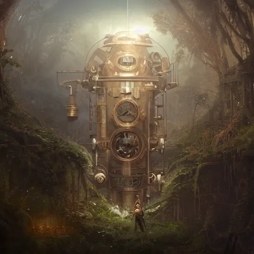 Prompt: a ultradetailed beautiful concept art of the core of a steampunk machine where vegetation have start to peacefully grow, dramatic lighting, dynamic lighting, cinematic lighting, lit by morning light, concept art, high resolution 4 k, by tom bagshaw, greg rutkowski, charli bowater and artgeem