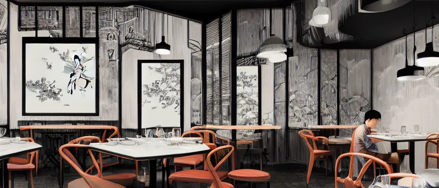 Prompt: a beautiful interior view illustration of a small roasted string hotpot restaurant in yan'an city, restaurant wall paper is a tower on a mountain, rectangle white porcelain table, black chair, animation illustrative style, from china, simple style structure decoration design, victo ngai, james jean, 4 k hd