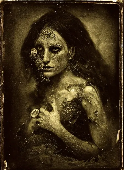 Image similar to old wetplate daguerreotype portrait of the werewolf woman, explosion of data fragments, fractal, intricate, elegant, highly detailed, parallax, leica, medium format, subsurface scattering, by jheronimus bosch and greg rutkowski and louis jacques mande daguerre