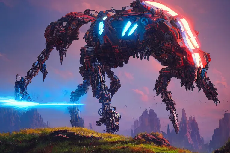 Image similar to ravager machine mecanical creature robot of horizon forbidden west horizon zero dawn radiating a glowing aura global illumination ray tracing hdr fanart arstation by ian pesty and alena aenami artworks in 4 k