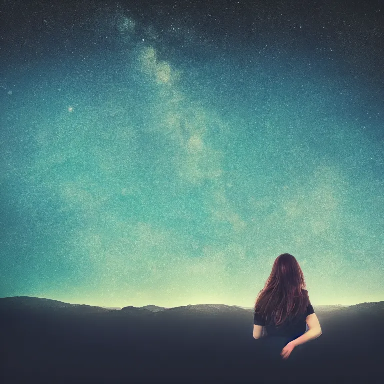 Image similar to album cover with text kosmichna vystava, a beautiful landscape of a starry sky with an beautiful woman waving to the horizon, cinematic, dramatic, color grading, photojournalism, colorful, highly detailed