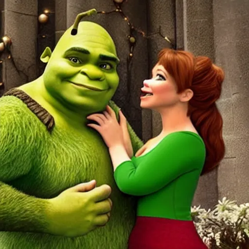 Image similar to shrek kissing jenifer lopez, realistic