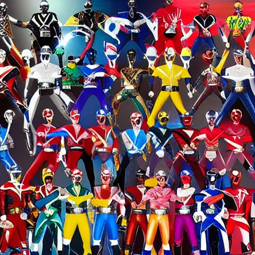 Prompt: every single power ranger crammed into one photo