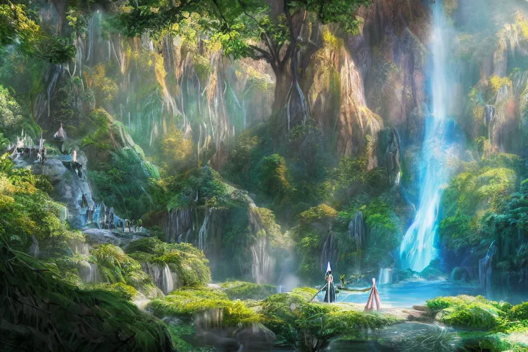 Image similar to still from the lord of the rings movie rivendell, 4 k digital paint by studio ghibli hayao miyazaki. vivid colours, vaporwave lighting style, very sharp and detailed. trending on artstation and behance.