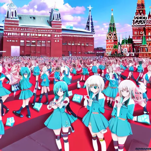 Image similar to hatsune miku on the moscow red square, high detailed anime art, trending on pixiv