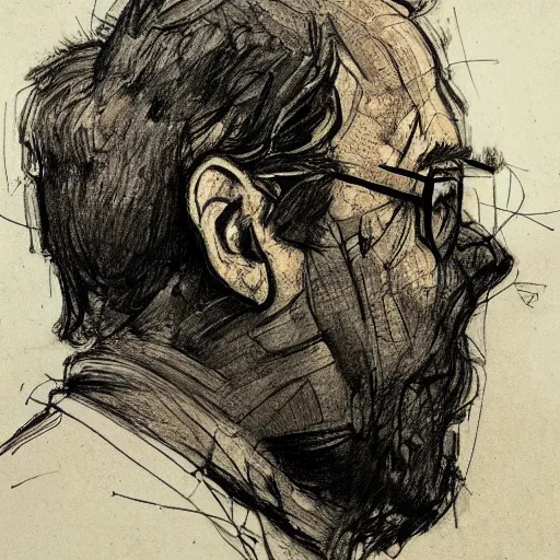 Prompt: a realistic yet scraggly portrait sketch of the side profile of a stern and sophisticated gaben newell, trending on artstation, intricate details, in the style of frank auerbach, in the style of sergio aragones, in the style of martin ansin, in the style of david aja, in the style of mattias adolfsson