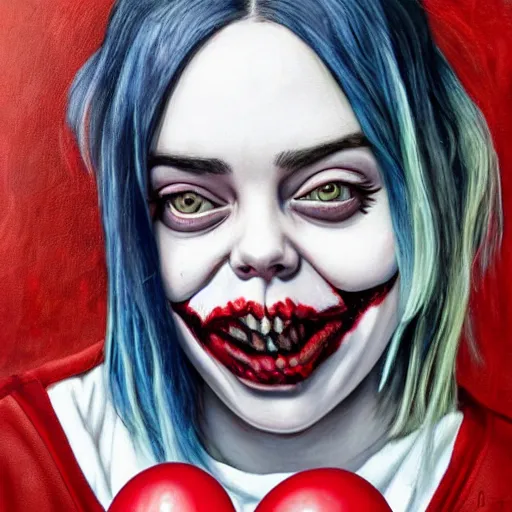 Image similar to grunge painting of billie eilish with her face split down the middle with a wide smile and a red balloon by chris leib, loony toons style, pennywise style, corpse bride style, horror theme, detailed, elegant, intricate